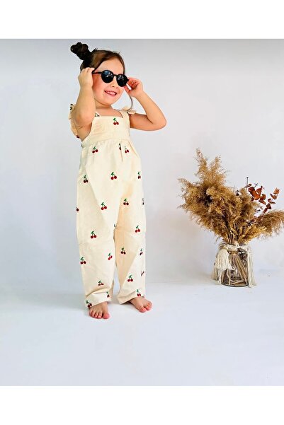 1Baby1Cat Cherry Embroidered Suspender Ruffle Detailed Cotton Linen Jumpsuit