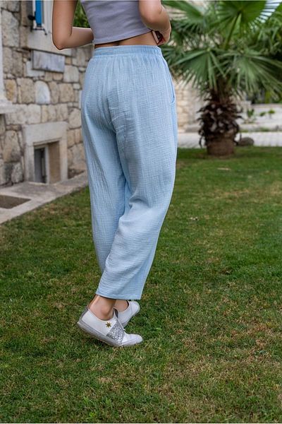 bacc Pantaloni largi de damă, albastru, muselină, cu talie elastică, buzunare Bcbsk-25700-3416