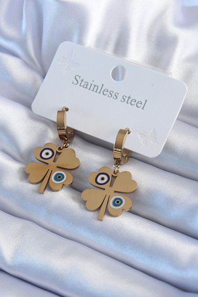 Skygo 316L Steel Gold Color Clover Model Evil Eye Bead Detail Women's Earrings - TJ-BKP8011