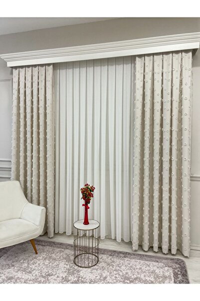 Koral Ponpon Fon Perde ( 2 kanat ) Sık Pile /Yeni Sezon /krem renk /boru pile