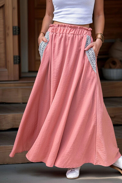 bacc Ružičasta suknja sa slamčicama i detaljima, široka, sa elastičnim strukom