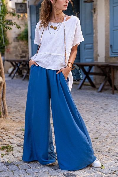 bacc Women's Indigo Elastic Waist Pocket Wide Leg Soft Textured Loose Trousers Bcbsk-25700-3391