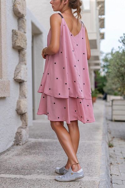 bacc Γυναικείο φόρεμα σιφόν σε πούδρα με δερμάτινο λουράκι με λουλούδια κεντημένο διπλή στρώση A-Line Kiloş φόρεμα Bcbsk-25700-3420