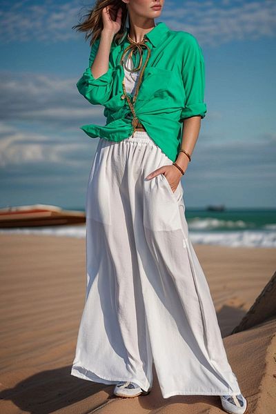 bacc Women's White Elastic Waist Pocket Wide Leg Soft Textured Loose Trousers Bcbsk-25700-3391