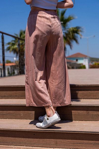 bacc Women's Orange Linen Elastic Waist, Pocket, Slit Leg, Loose Capri Pants Bcbsk-25700-3404