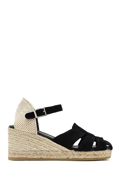 Derimod Women's Black Ankle Strap Wedge Heeled Suede Leather Espadrille Sandals 25Sfd151110