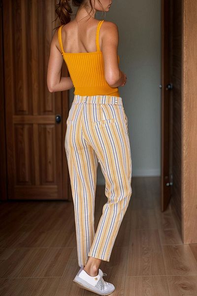 bacc Women's Mustard Linen Pocket Buttoned Pipe Leg Carrot Trousers Bcbsk-25700-3394