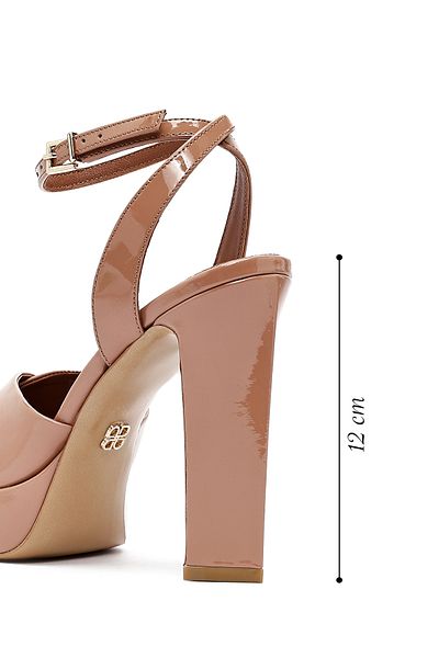 Derimod Women's Beige Ankle Buckle High Thick Heeled Platform Patent Leather Sandals 25SFD120416