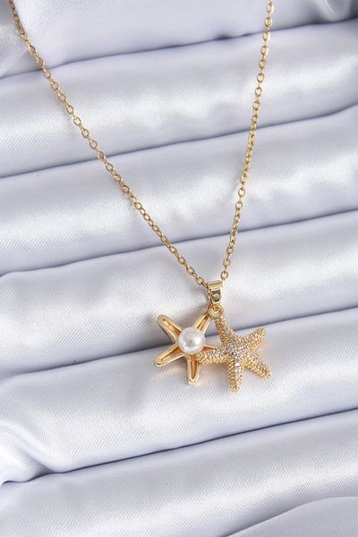 Skygo 316L Steel Gold Color Zircon Stone Opening Sea Star Model Pearl Detail Women's Necklace - Tj-Bko7694