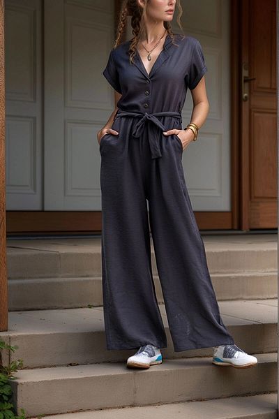 bacc Women's Black Jacket Collar Self-Belt Jumpsuit Bcbsk-25700-3405