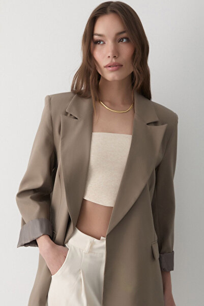 MissKybele Astarı Çizgi Detaylı Çentikli Ceket Yakalı Uzun Kollu Rahat Kalıp ...