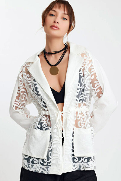 MissKybele Desenli Güpür Tül Ceket Yaka Heybe Cep Uzun Kol Bel Bağcıklı Uzun ...