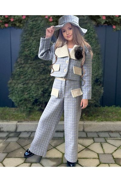 By Feyza Kids Collection costum de sărbătoare pentru fete, haină, pantaloni, broșă și pălărie