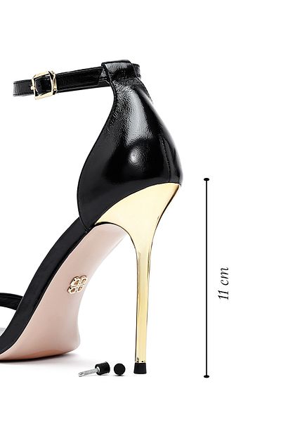 Derimod Women's Black Ankle Buckle High Thin Heeled Metallic Leather Sandals 25SFD494532