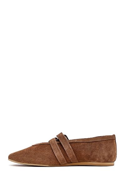 Derimod Women's Tan Double Buckle Suede Leather Ballerinas 25Sfd140210