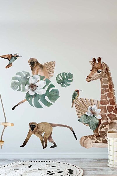 KT Decor Safari World Giraffe Monkeys Birds and Leaves Wall Sticker Set