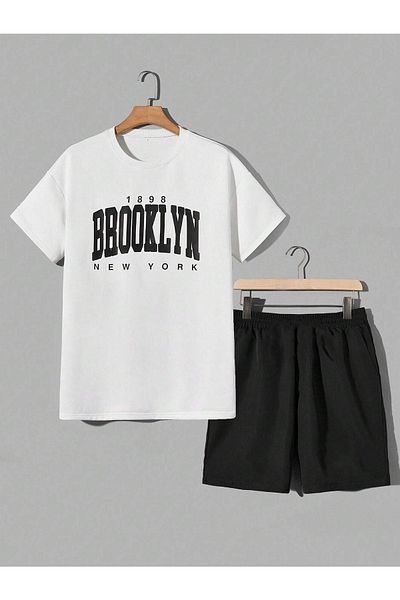 DUBU BUTİK 1898 Brooklyn T-shirt Shorts - White Black Bottom Top Team Shorts T-shirt Combo Printed Crew Neck