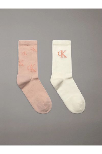 Calvin Klein Women's Breathable Woven Fabric Logo Patterned Long 2-Piece Cream-Orange Socks C701229465-003