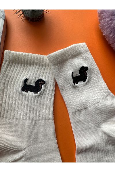 AYDK Cute Sausage Dog Embroidered Unisex White Summer Winter Casual Socket Socks