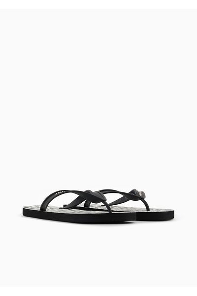 Armani Exchange Unisex Flat and Comfortable Sole Brand Logo Textured Flip Flops Black-White Slippers Xuq002 Xv676-N814