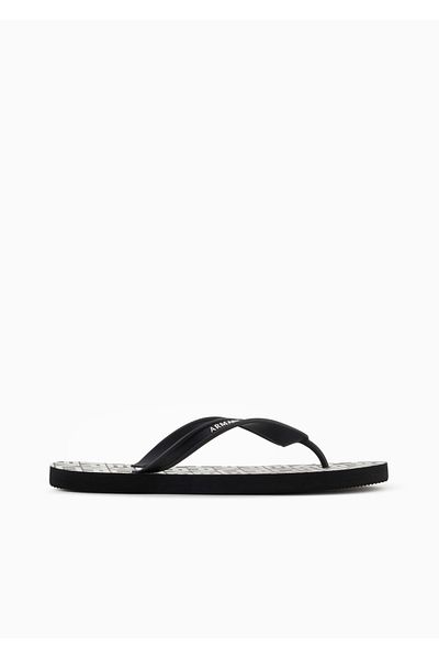 Armani Exchange Unisex Flat and Comfortable Sole Brand Logo Textured Flip Flops Black-White Slippers Xuq002 Xv676-N814