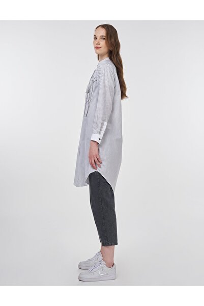 Kayra Stripe Pattern Judge Collar Tunic Black