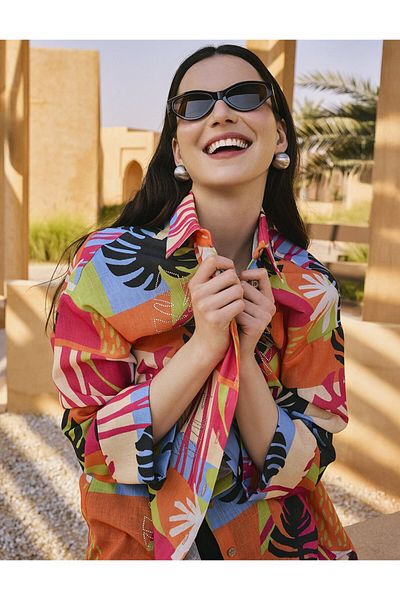 Kayra Floral Patterned Shirt Collar Tunic Fuchsia