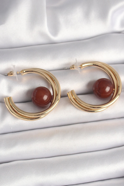 Skygo Brass Gold Color Hoop Model Brown Bead Detail Women's Earrings - Tj-Bkp10364