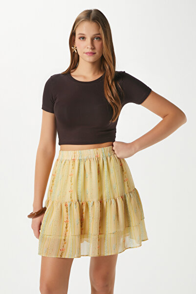 Ritnice Kadın Juliet Sarı Çiçek Desen Astarlı Volanlı Mini Şifon Dokuma Etek