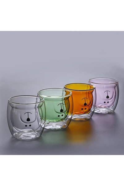 Vivien Home Double Wall Design Glass Cup with Teddy Bear 250 Mi - Gift Double Wall Teddy Bear Cup