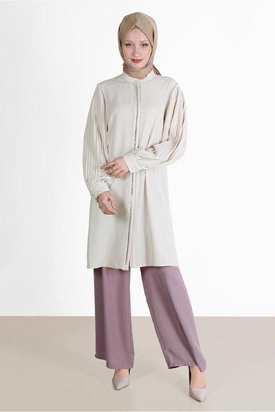 Alvina GLOSSY STRIP DETAILED SLEEVES PILATED TUNIC 42521