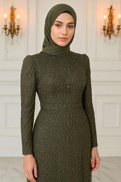 TRENDTESETTÜR Women's Khaki Beaded Embroidered Evening Dress t 4163