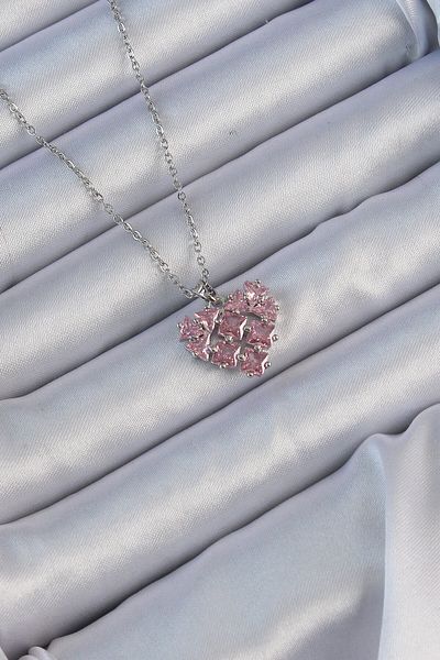 Skygo 316L Steel Chain Silver Color Pink Segmented Zircon Stone Heart Necklace - Tj-Bko9164