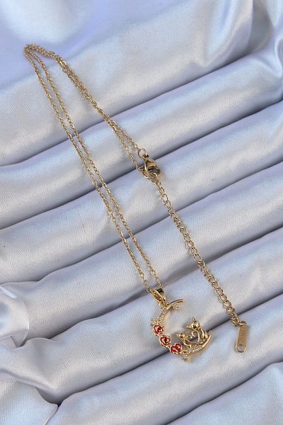 Skygo 316L Steel Chain Gold Color Red Rose Detail Cat Figure Zircon Stone Moon Necklace - Tj-Bko9129