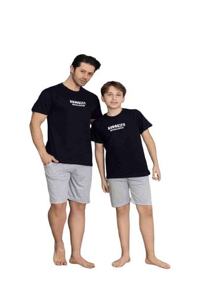 Tarık Men's 100% Cotton Black Gray Brooklyn Letter Crew Neck Short Sleeve Shorts Pajama Set