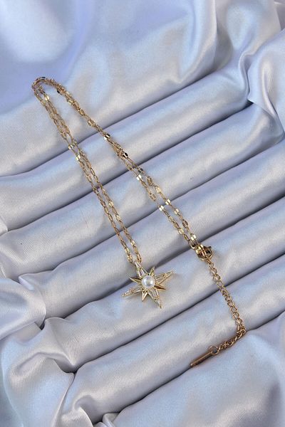 Skygo 316L Steel Chain Gold Color Baguette Stone Pearl Detail Pole Star Necklace - Tj-Bko9119