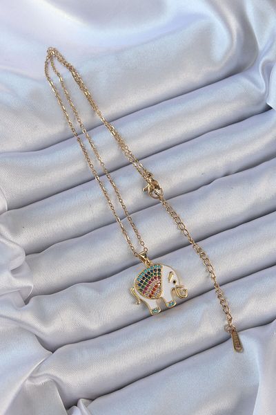 Skygo 316L Steel Chain Gold Color Enamel Colorful Zircon Stone Elephant Necklace - Tj-Bko9151