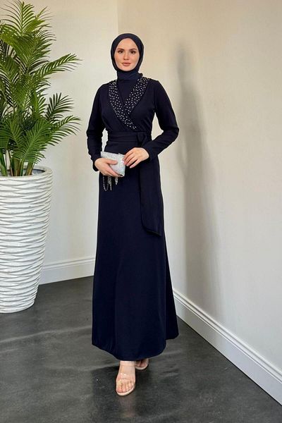 MERVEN AKYÜZ Βραδινό φόρεμα Arden με διπλό γιακά Navy Blue