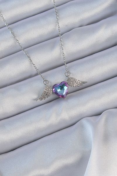 Skygo 316L Steel Chain Silver Color Blue Purple Zircon Stone Winged Heart Necklace - Tj-Bko9162