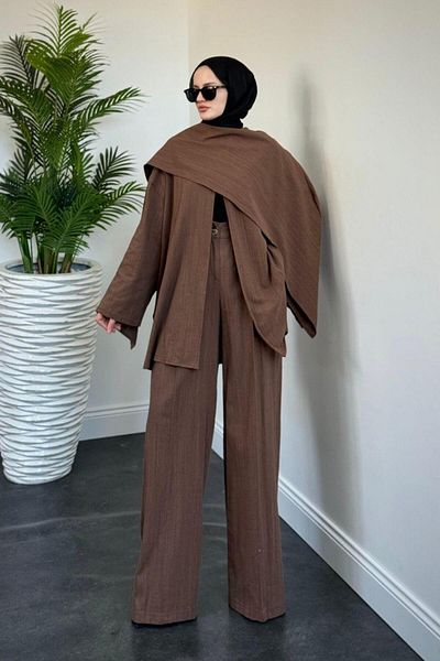 MERVEN AKYÜZ Veni Asymmetrical Palazzo Linen Set Brown