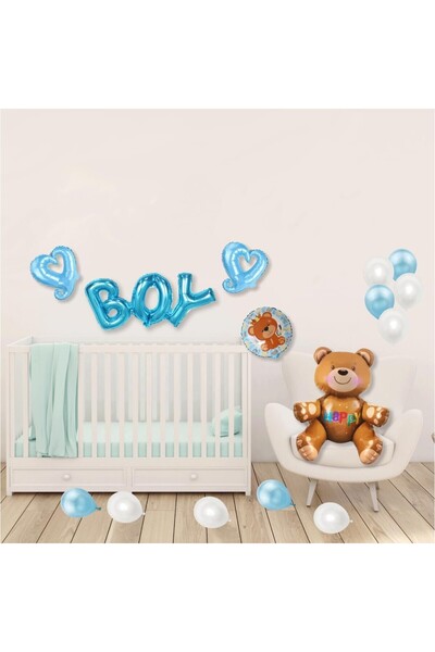Flippy Set of 25 Balloons, Latex and Aluminum Foil, Bear/Boy Model, Various Sizes, Blue