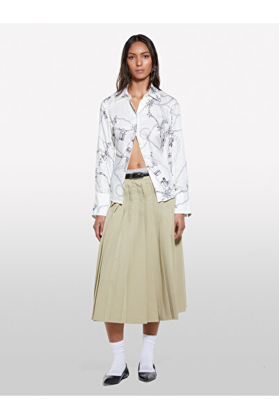 Sisley Women's Sand Color Viscose Pleated Midi Skirt with Slit Detail