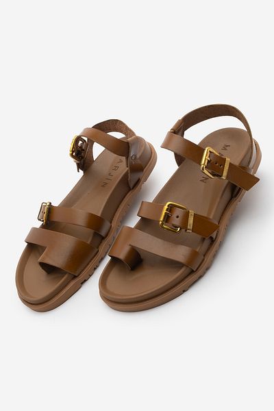 Marjin Women's Genuine Leather Flip Flop Buckle Daily Sandals Tusa Tan