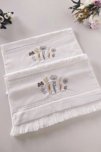Sevim Prosop de mână din 2 bucăți cu broderie de flori - Prosop de față din catifea jacquard - 100% bumbac - alb