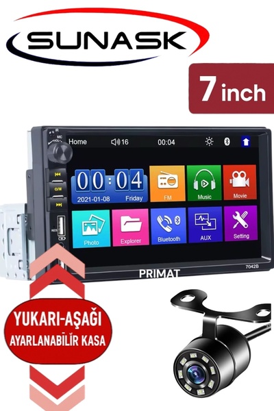 SUNASK SN-700BT 7 İnc İnce Kasa Dauble Ekran Tofaş Şahin Doğan Uyumlu Kamera Hediyeli 4X75 watt