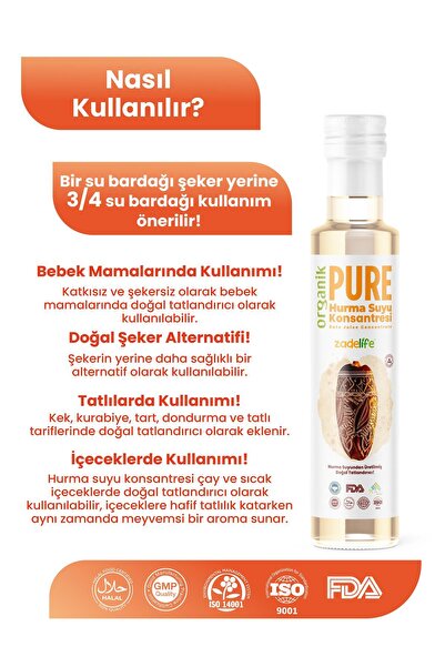 zadelife Organik Hurma Suyu Konsantresi Fda Onaylı 250 ml