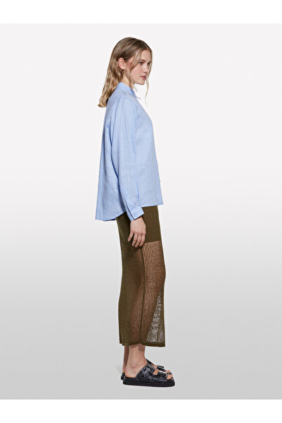 Sisley Women's Light Blue 100% Linen Buttoned Long Sleeve Shirt with Chest Pocket