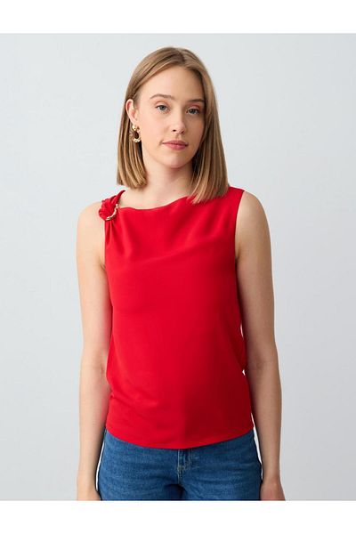 Jimmy Key Red Straight Cut Boat Neck Sleeveless Woven Blouse