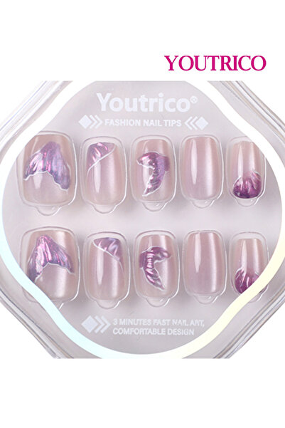 Youtrico 30 ظفرًا شبه يدوي الصنع، عين القطة، حورية البحر الوردية، أظافر