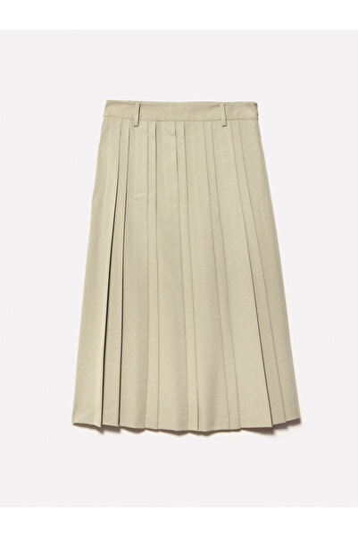 Sisley Women's Sand Color Viscose Pleated Midi Skirt with Slit Detail